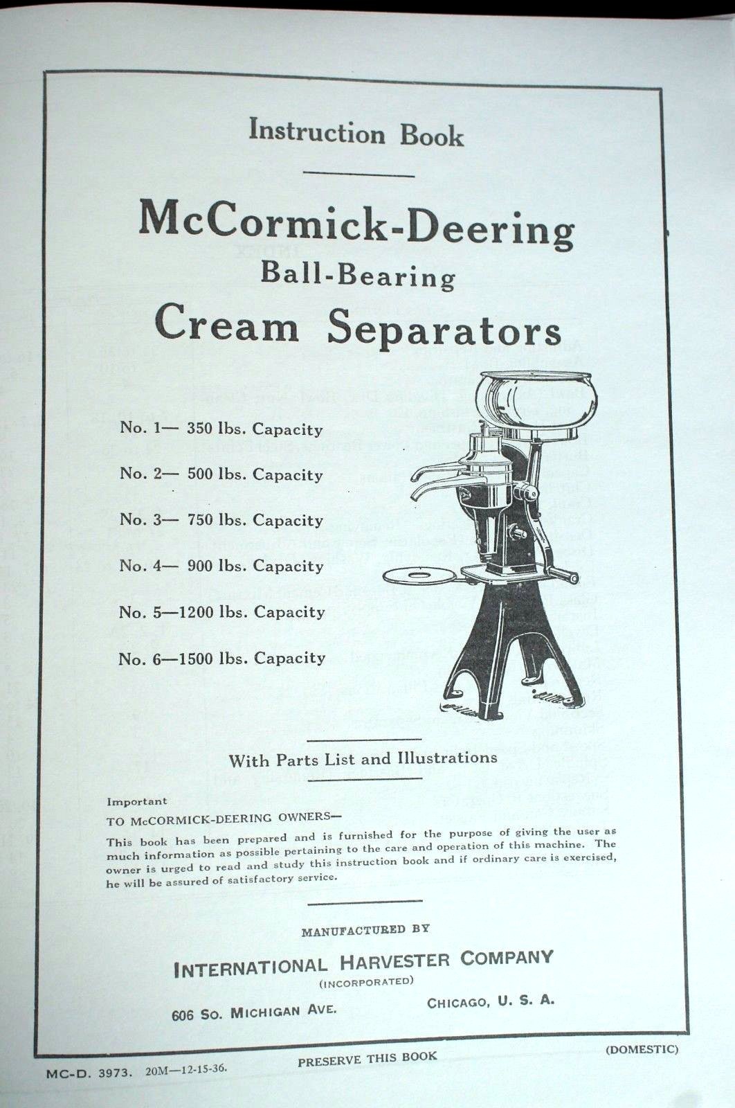 IH International McCormick-Deering Cream Separator No 1 2 3 4 5 6 Owner's  Manual | eBay