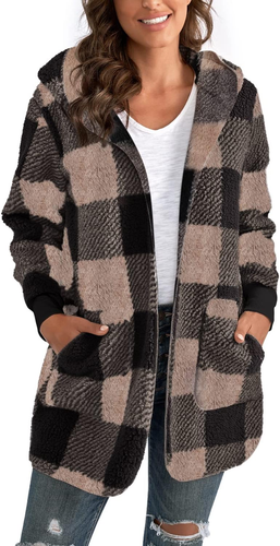 Yanekop Womens Fuzzy Fleece Open Front Hooded Cardigan Jackets Sherpa Outerwear