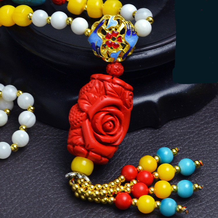 Collier Bouddhiste en Tridacna Blanc et Pivoine Rouge Sculptée à la Main 45cm