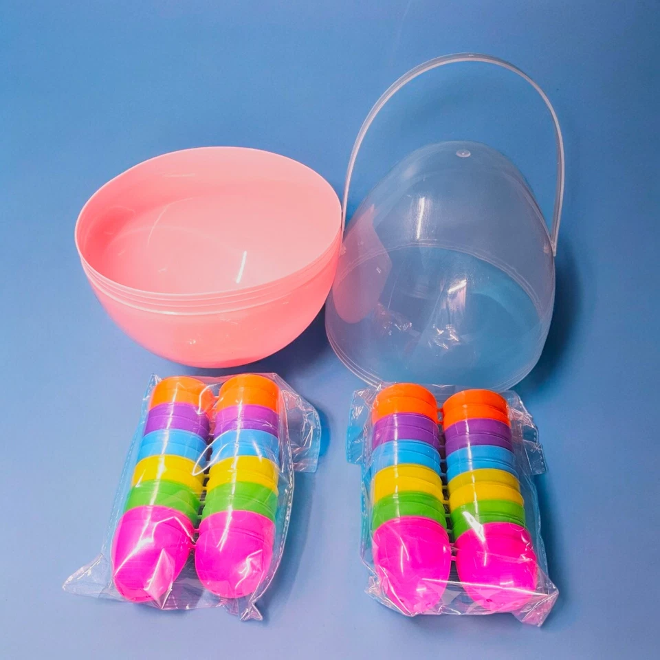 Cesta de Pascua de plástico verde/medio transparente de 9,8 pulgadas y 24 huevos de Pascua arco iris brillantes Foto 3 de 4