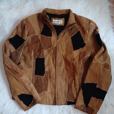 Vintage Papillon Brown Patchwork Boho Leather Jacket Size M Bohemian Zip Up