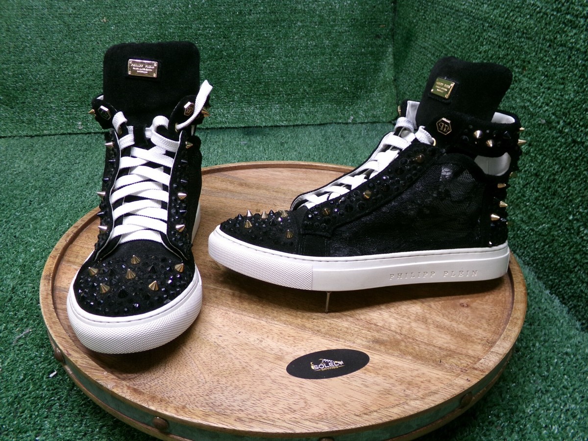 Philipp Plein Womens Black High Top Sheer Studded Leather Philipp Plein Womens Black High Top Sheer Studded Leather