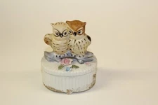 Vintage Owls Trinket Box 2 Owl Figurines Porcelain Bisque Taiwan 70's Gift