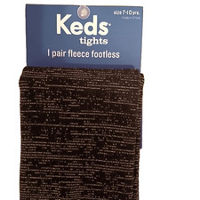 Keds Footless Fleece Tights 2 Pair Girls 7-10 Black w/Silver Glitter Threads