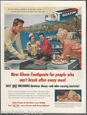 1955 GLEEM toothpaste advertisement, barbeque picnic, P&G, large size advert
