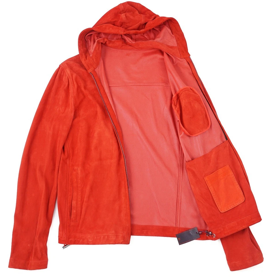 Isaia Napoli Red Unlined Hooded Suede Leather Jacket M (Eu 50) Hoodie NWT - Image 2 of 4
