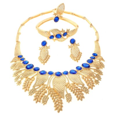 Gold Tone Gold Plated Metal Necklace Bracelet Earring Set HQX480-BLU