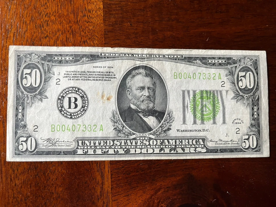  1934 Green Federal Reserve Note $50 Fifty Dollar Bill New York. - Image 2 of 4