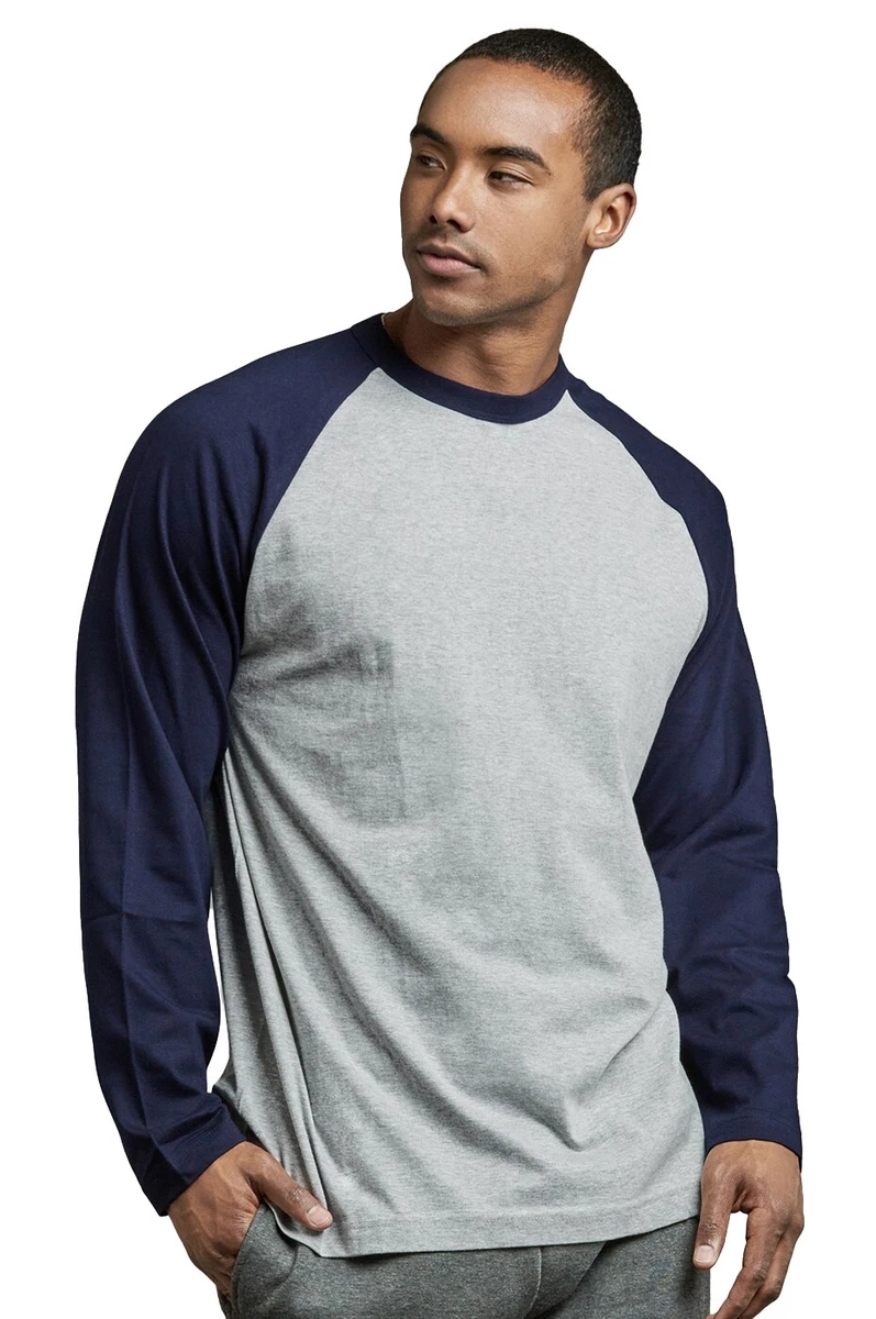 Men's Cotton Raglan Sleeve Baseball Tee Shirt(Navy/Light Gray Large Long  Sleeve)