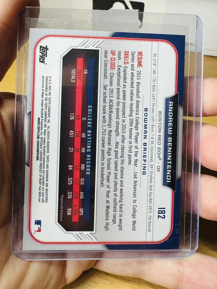 ANDREW BENINTENDI BOSTON RED SOX 2015 BOWMAN DRAFT 1ST BOWMAN #182 FBC - Image 2 of 2