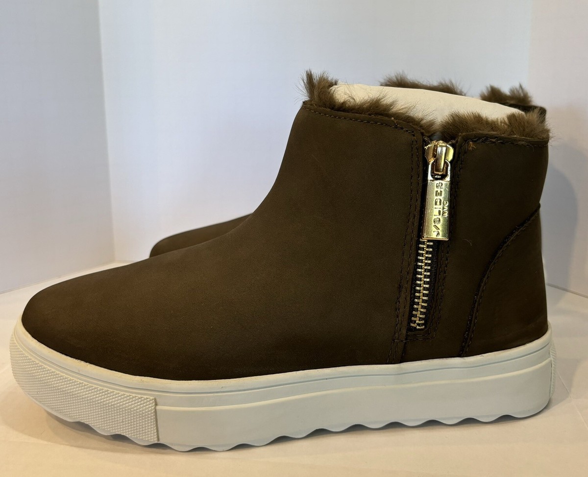 J Slides Ankle Boots Waterproof Womens Booties Faux Fur Lined Sz Taupe  Nubuck