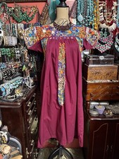 Gorgeous 1970s Oaxaca Mexican Burgundy Dress With Multi Colored Embroidery L