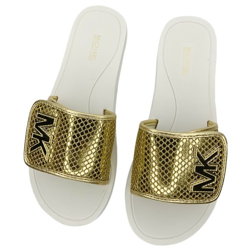 MSRP $74,99 NUOVI CON ETICHETTE MICHAEL KORS SANDALI SLIP ON DONNA ORO BIANCO MISURA 8 - Foto 3 di 6
