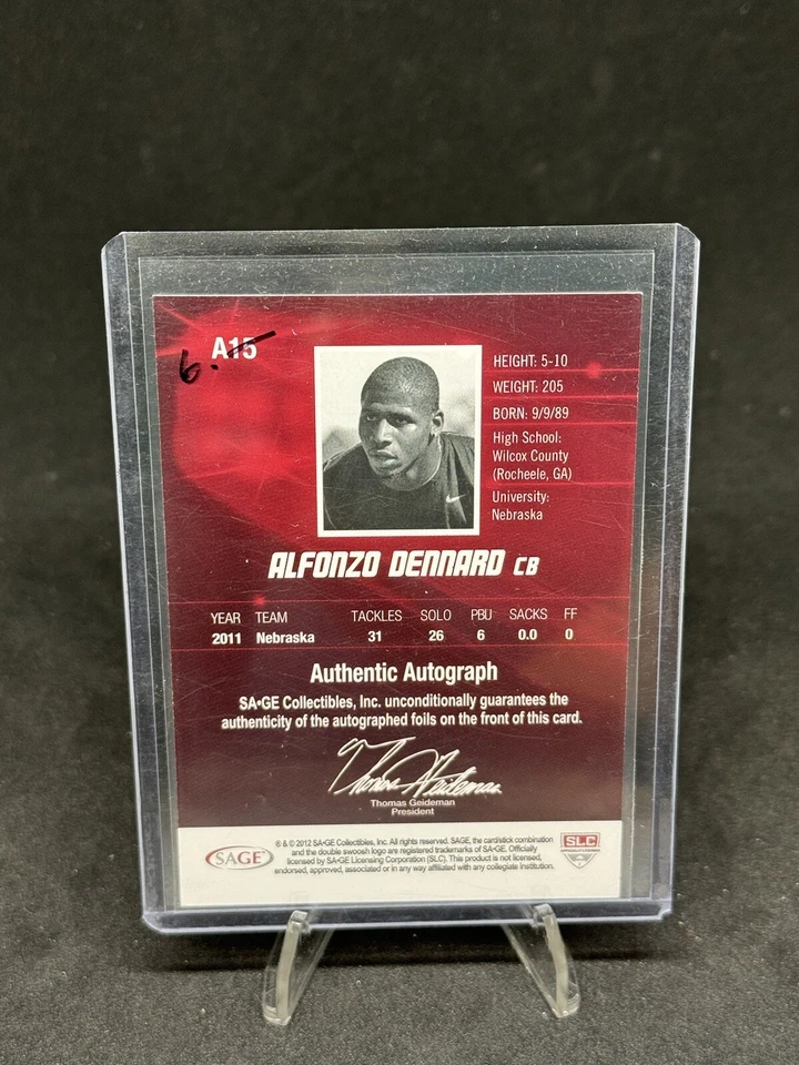 Sage Hit Auto 2012 Alfonzo Dennard #A15 Rookie Auto radiocontrol Foto 2 de 2