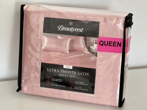 NEW! BEAUTYREST ULTRA SMOOTH SATIN QUEEN LUXURY 4-PC SHEET SET IN ROSE SMOKE - Picture 2 of 5