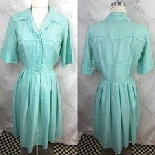 Antique 1930s Green White Day Dress Sz S Plaid Collar Cable Girls 30s Union USA