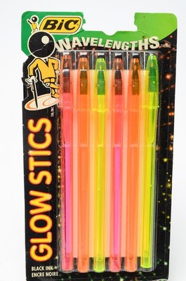 BIC Wavelengths Glow Stics Neon Ballpoint Pens 6 Pack Black Ink USA VTG 1994