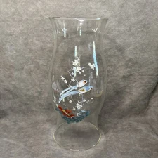 Vintage Glass Candle Hurricane Globe with Floral & Birds Paint Decal 11.5” Tall