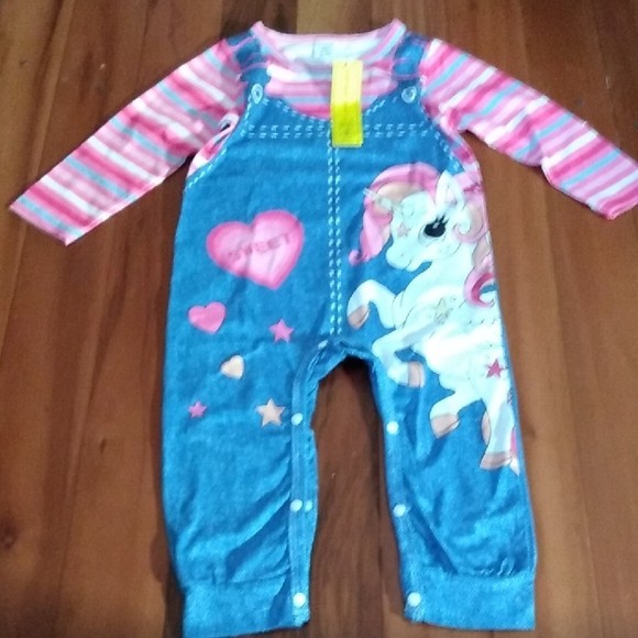 NWT 12-18 Months Girls Coverall Romper with Denim Overalls-look & Unicorn Print