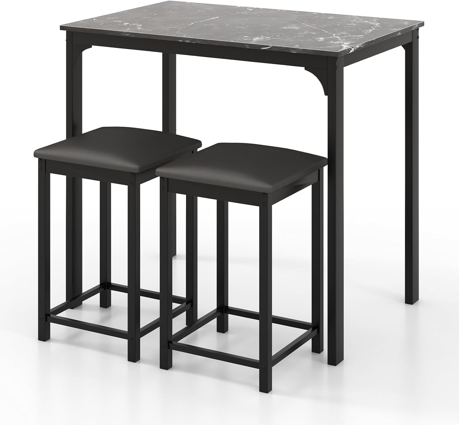 Bar Table Set Marble Effect Top Compact Breakfast Dining Table with Stools Black