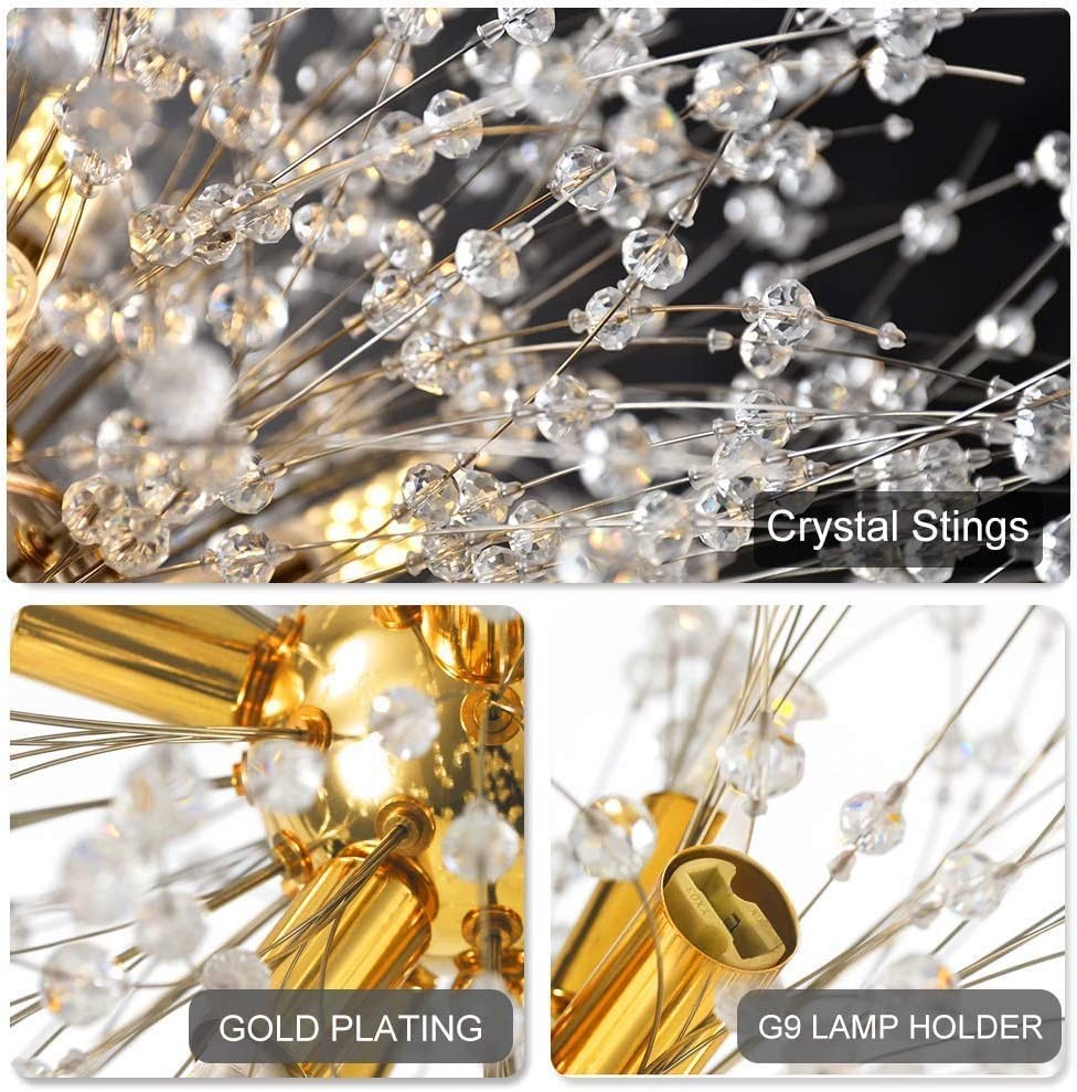Fu Dikang 12-Light Modern Crystal Gold Chandelier, Fireworks Dandelion Sputni...