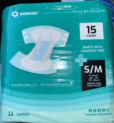 SunKiss TrustPlus Disposable Briefs w/ Adhesive Tabs sz S/M 28-34  - 15 count