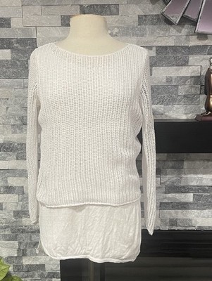 Eileen Fisher White Linen Knit Mesh Overlay Tiered Sweater Size M