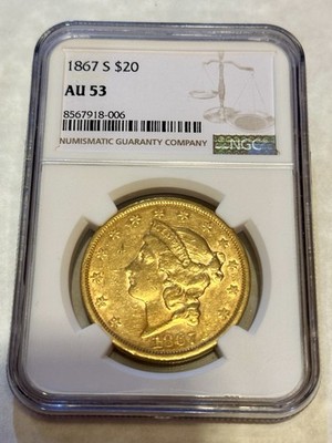 1867-S AU53 NGC Liberty Double Eagle $20 Gold Coin very nice