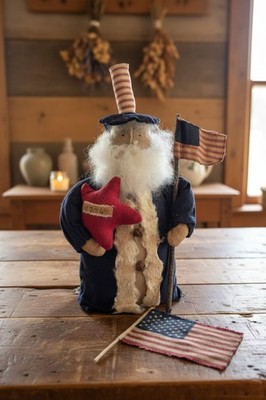 Primitive Handcrafted Patriotic Americana 1776 Uncle Sam Stump Doll w/ Flag