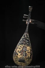 46.4" Old Chinese Wood lacquerware 24K Gold Gilt Dynasty Double Dragon Pipa