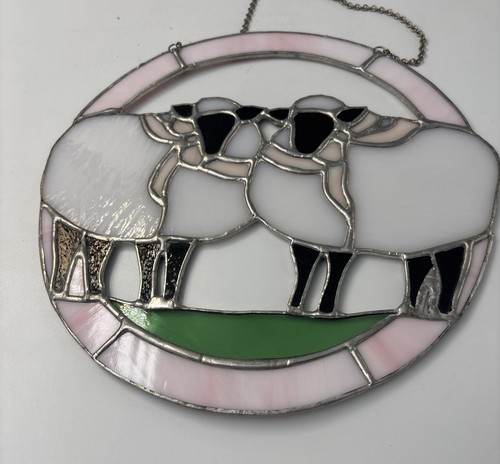 Round Stained Glass Window Hanging With 2 Sheep On It With Black Faces - Picture 7 of 10
