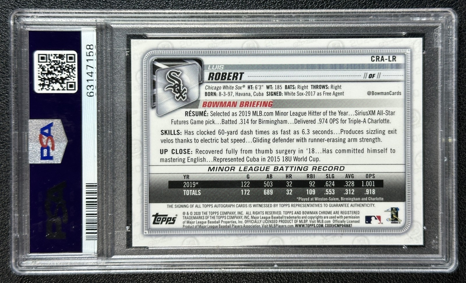 LUIS ROBERT PSA 10 2020 BOWMAN CHROME ROOKIE AUTO GOLD REFRACTOR RC 36/50 view 2