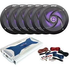 6x Pyle PLMRS63BL 6.5" Audio Speakers w/ Blue LED, 6-Channel Amplifier, Wire Kit