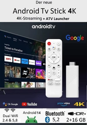 Android 14 Tv Stick Box 4K 2 Wifi BT-Sprachfernbedienung Smart Tube Apps+ 2+16 - Bild 1 von 4