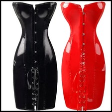 Women Glossy PVC Corset Dress Lace-Up Shiny PU Leather Bustier Steampunk Corsele