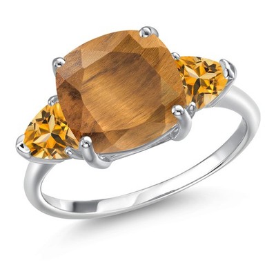4.32 Ct Cushion Brown Tiger Eye Yellow Citrine 10K White Gold Ring