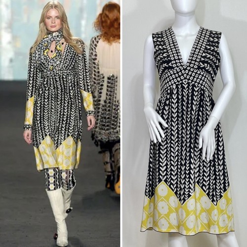 Anna Sui, Vintage Anna Sui FW 2005 Runway Silk Dress Black White Yellow Geometric Floral 4