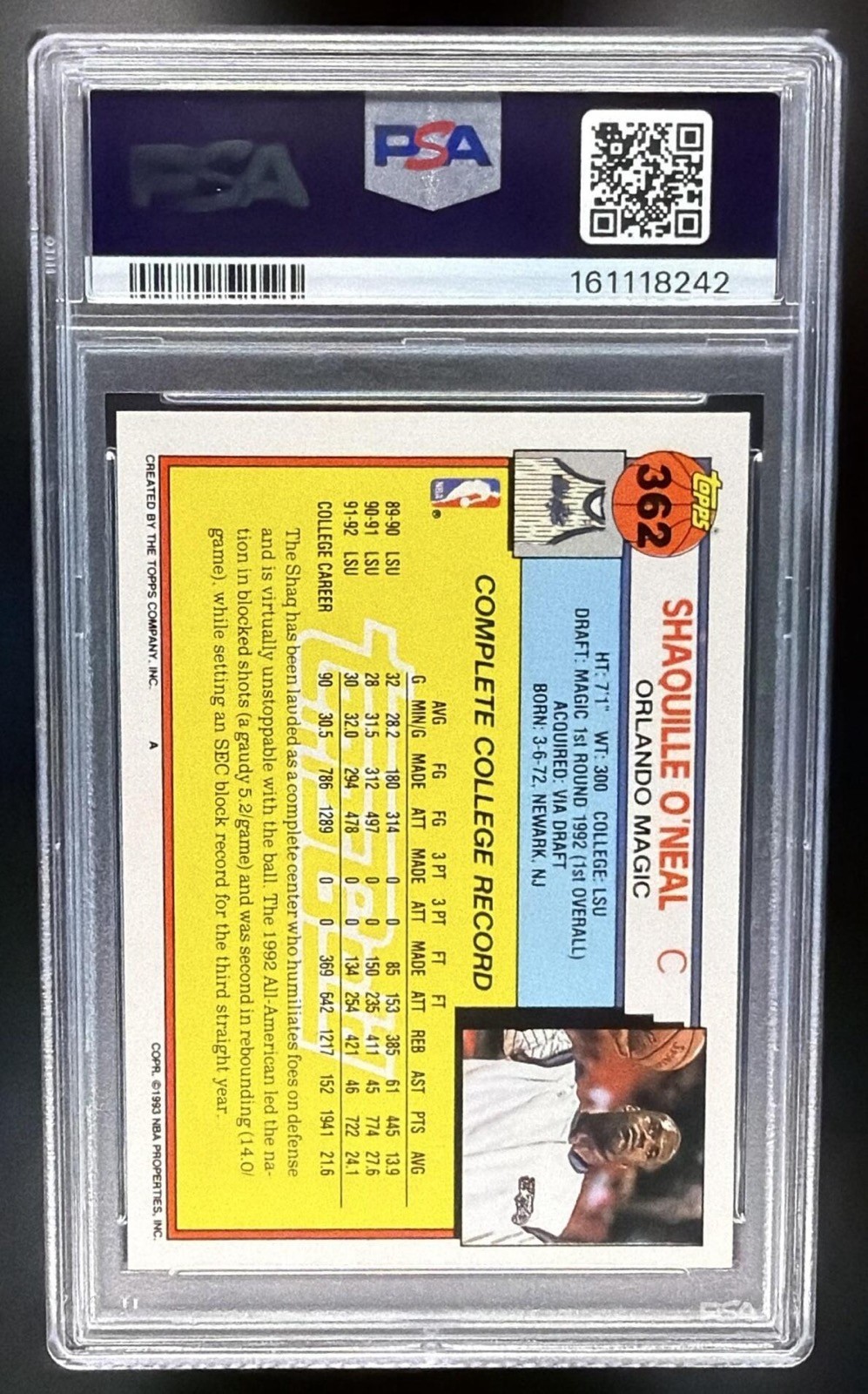 1992-93 Topps Gold Shaquille O'Neal #362 RC Signed Auto PSA 8 Auto 10 view 2