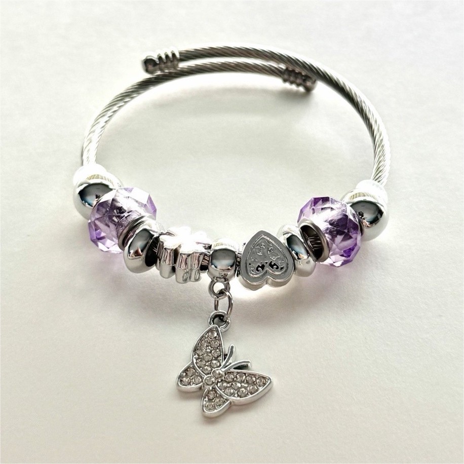 Silver & Purple Beaded Charm Bracelet, Butterfly Dangle, Snake Chain, Adjustable