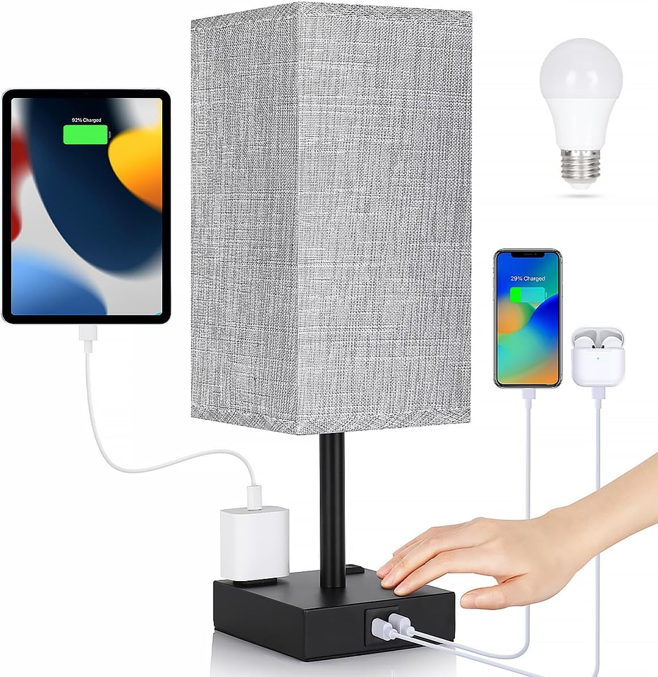 Bedside Table Lamp for Bedroom Touch Small Lamp with USB C+A Charging