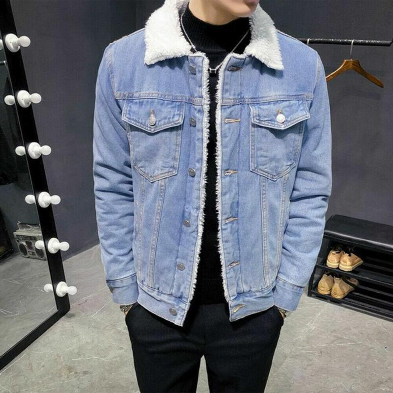 Denim Winter Male Jackets Korean Mens Winter Fleece Denim Jacket
