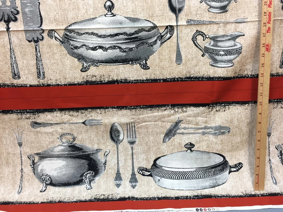 Bon Appetit Fabric Silverplate Dishes Red Tan Screen Print  8+ Yards Sewing  - Image 4 of 4