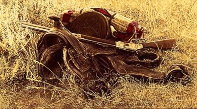 ''1880s Still Life of Saddle and Rifle'' - James Bama - Western Art