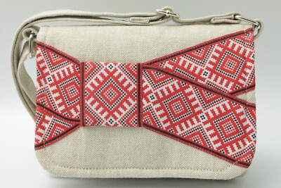 Beige Cotton Bag, Red Ornament Flap, One-of-a-Kind, Inner Pockets.
