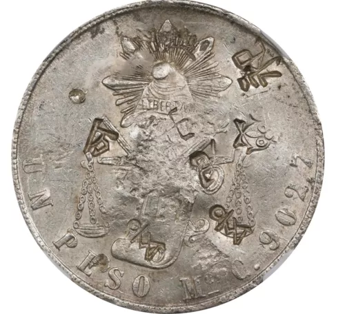 Mexico 1 Peso Mo 1870 M Balance/Scale, NGC Chopmarked. Scarce. KM# 408.5