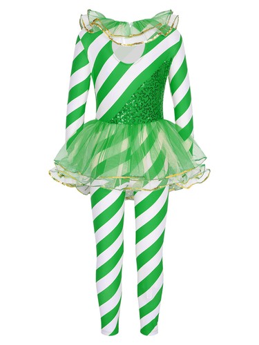 Kids Girls Christmas Dance Costume Sequins Candy Cane Striped One Piece Jumpsuit - Picture 87 of 93