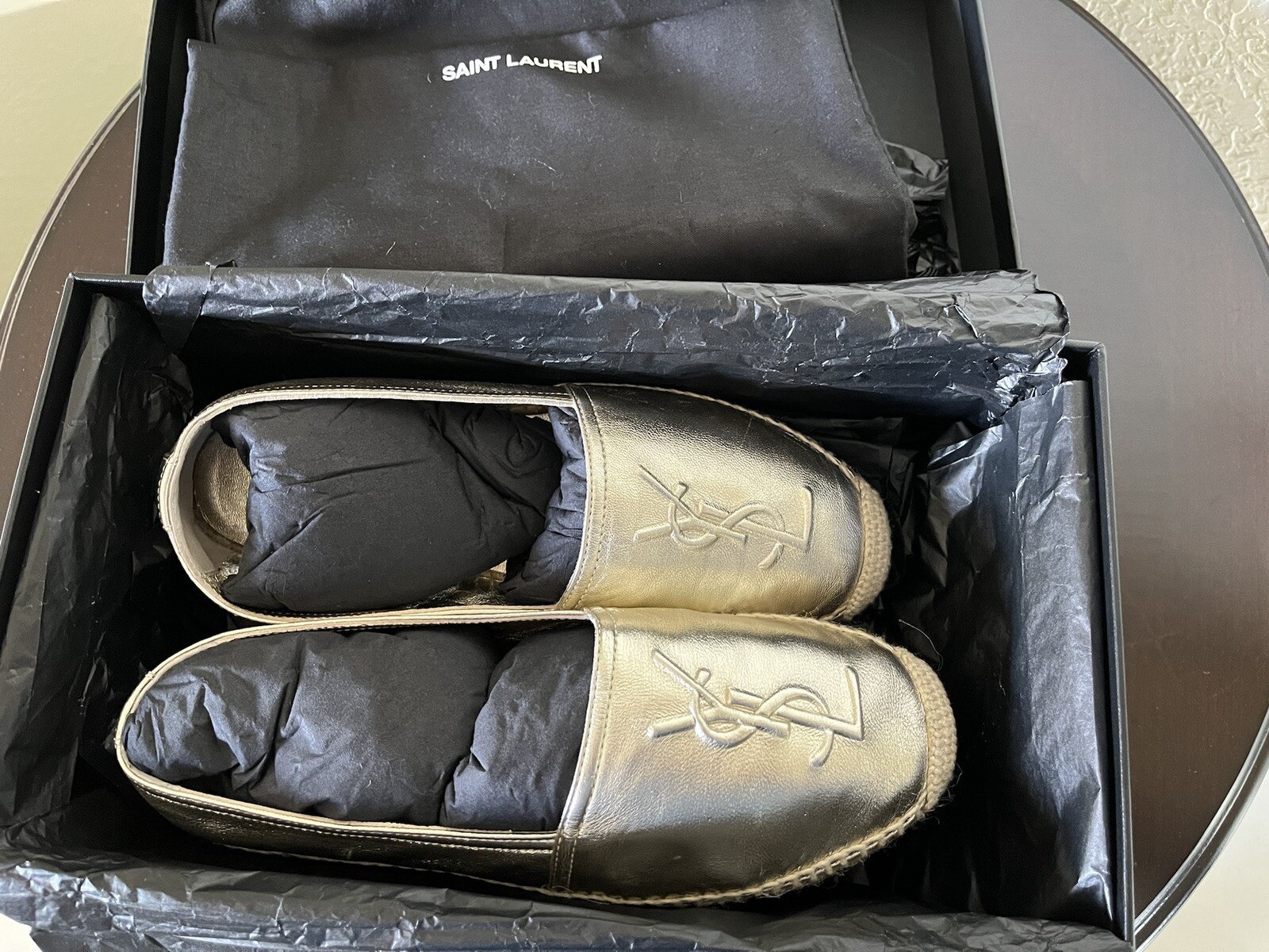Saint Laurent Logo Gold Metallic Leather Espadrilles Women's Size 35 | eBay