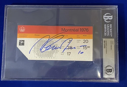 Nadia Comaneci SIGNED 1976 Montreal Olympics Gymnastics Ticket 10 BAS Slab Auto