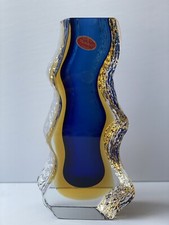 Italy Murano Sommerso Mid Century Modern Textured Art Glass Blue Vase Sculpture
