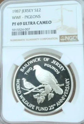 1987 JERSEY SILVER 2 POUNDS WWF PIGEONS NGC PF 69 ULTRA CAMEO SCARCE BEAUTY